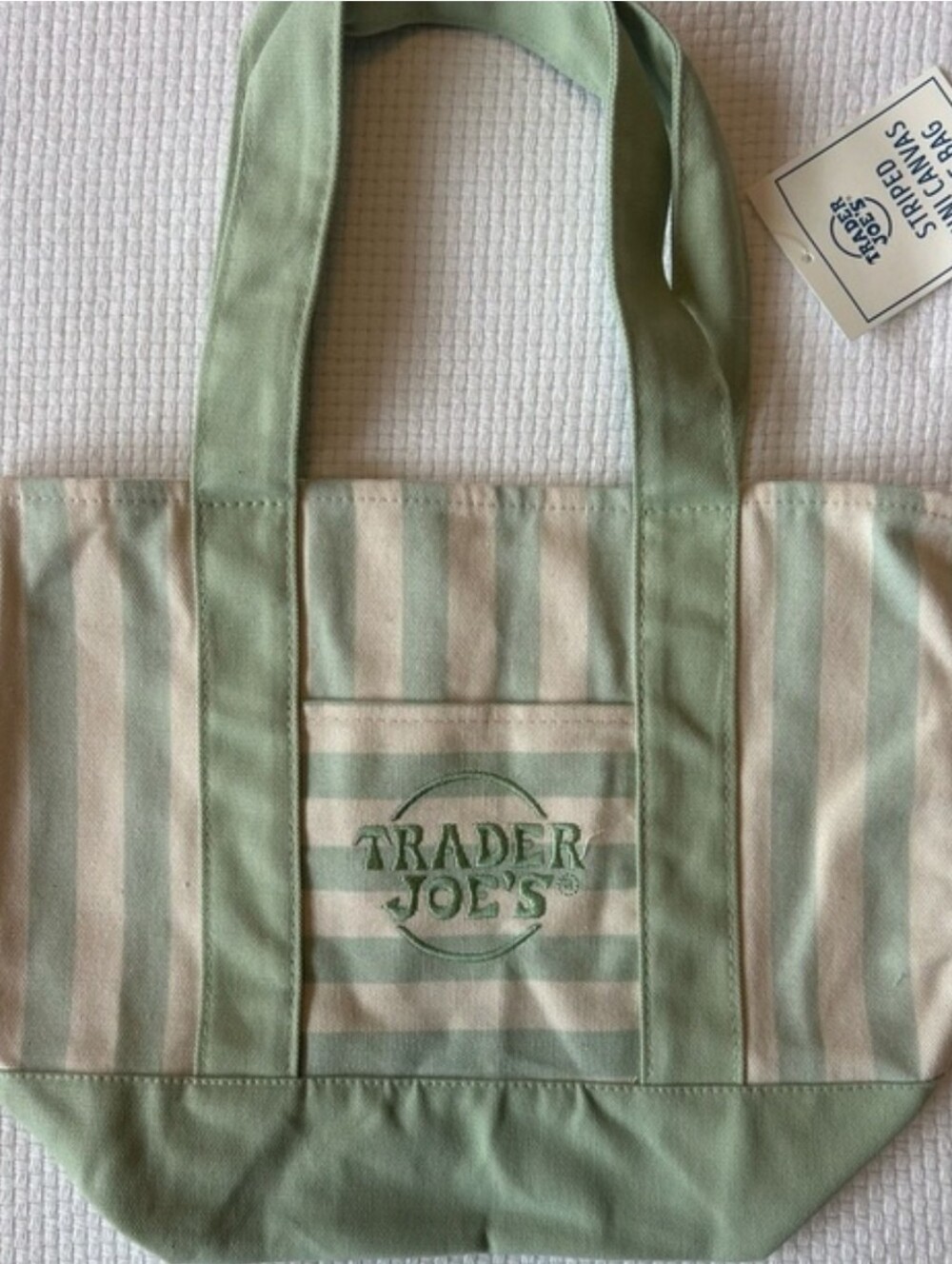 NWT-Trader Joe's Striped Canvas Tote in Mint and Cream
